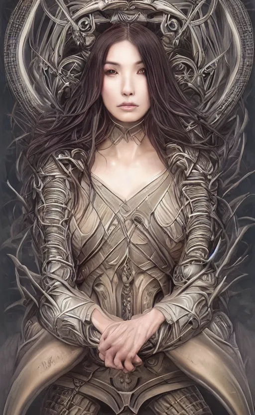 Image similar to a professional portrait of a beautiful young female, clothed in ethereal battle armor, olive skin, long dark hair, beautiful bone structure, symmetrical facial features, deep forest psytrance Neo-Gothic concept, infinity glyph waves, intricate artwork masterpiece, very coherent artwork, cinematic, full frontal facial features by Artgerm, Takato Yamamoto, Zdizslaw Beksinski, Johnatan Wayshak, Moebius, Ayami Kojima, very coherent artwork, trending on cgsociety, ultra high quality model, production quality cinema model, high detail chromatic ink outline, octane render, unreal engine 8k, hyper realism, high detail, octane render, unreal engine, 8k, High contrast