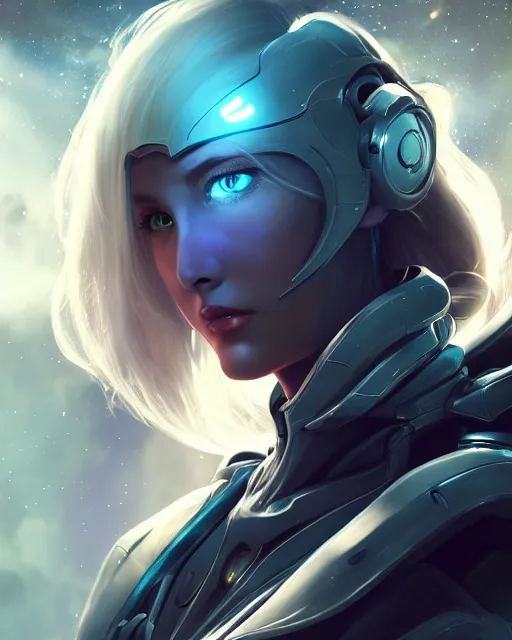 Image similar to perfect android girl on a mothership, warframe armor, beautiful face, scifi, futuristic, galaxy, nebula, raytracing, dreamy, long white hair, blue cyborg eyes, sharp focus, cinematic lighting, highly detailed, artstation, divine, by gauthier leblanc, kazuya takahashi, huifeng huang