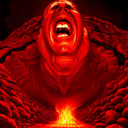 Prompt: ( a screaming man walks on lava towards the gates of hell ) by jason edmiston, photorealistic, dynamic lighting, very detailed faces, trending on artstation, wallpaper, dream, 4 k, award winning, vivid colors, beautiful fire