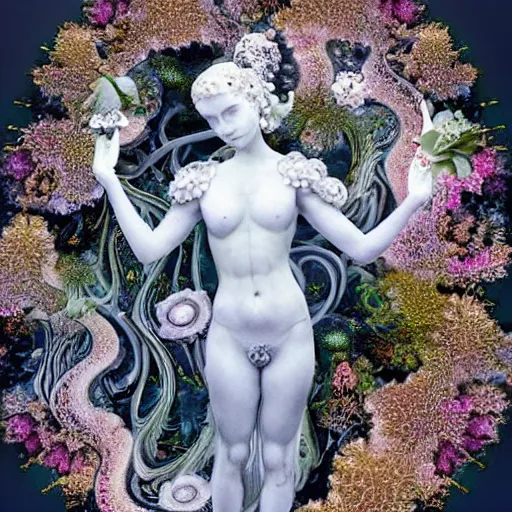 Prompt: an idealistic marble statue, fully clothed, with fractal flowery hair in a fractal garden, glowing delicate flower and mushrooms that grow in a dark fatansy forest on the planet pandora,, symmetrical,