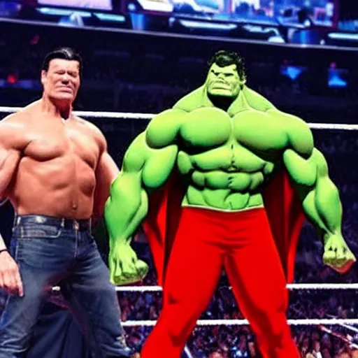 Image similar to supermen and hulk at WWE smacking down Vince McMahon