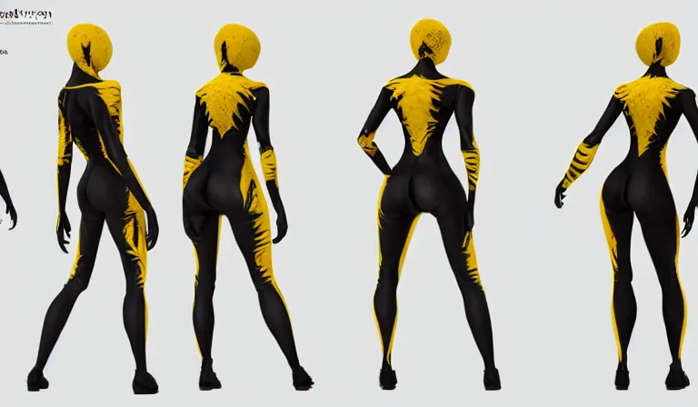 Prompt: full body character turnaround of a woman in an orb weaver outfit, character sheet, matte painting, spiderwoman!!, good value control, highly detailed portrait, ultra realistic, character turnaround, digital painting, concept art, sharp focus, smooth, 3 d model, illustration, yellow and black color scheme, realistically proportioned body, realistically proportioned head