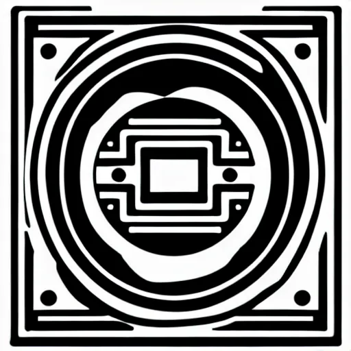 Prompt: black and white sci fi themed svg vector art panel for cnc plasma, laser, stencil, unique art deco hole through circuit design