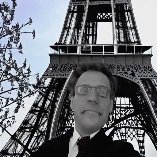 Prompt: wolfgang mozart taking a selfie in front on the eiffel tower, photo, high quality, intricate detail