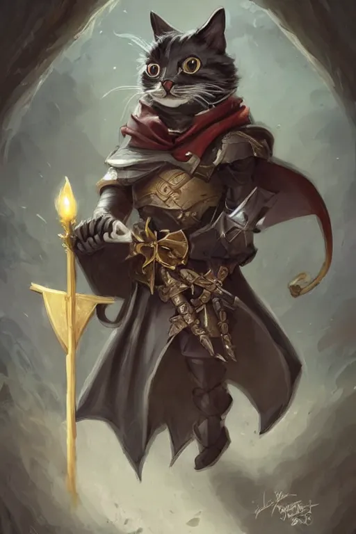 Image similar to cute anthropomorphic tuxedo cat knight wearing a cape and holding a bow, dark armor, cute and adorable, pretty, beautiful, DnD character art portrait, matte fantasy painting, DeviantArt Artstation, by Jason Felix by Steve Argyle by Tyler Jacobson by Peter Mohrbacher, cinematic lighting