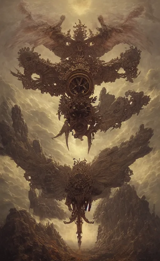 Image similar to bird's eye view, epic war between good and evil, gigantic biomechanical astral monk, baroque architecture, detailed, vivid colors, masterpiece painting, octane render, volumetric lighting, cinematic, by gustave dore, by michelangelo, by beksinski, by peter mohrbacher