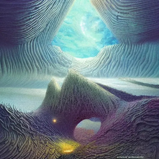 Image similar to artistic digital artwork of an epic natural scene on an alien planet. beautiful landscape by vincent bons, michael whelan, remedios varo and gerardo dottori. grainy and rough. interesting pastel colour palette. beautiful light. oil and water colour based on high quality render.