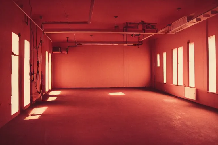 Prompt: film photography of industrial red room interior in golden hour, soft light, no focus