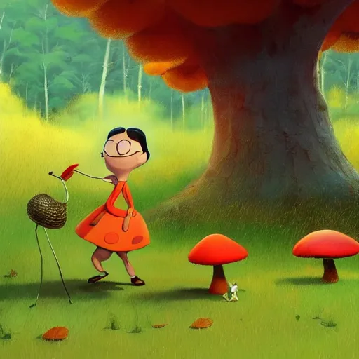 Image similar to goro fujita ilustration mafalda collecting mushrooms in the forest, painting by goro fujita, sharp focus, highly detailed, artstation