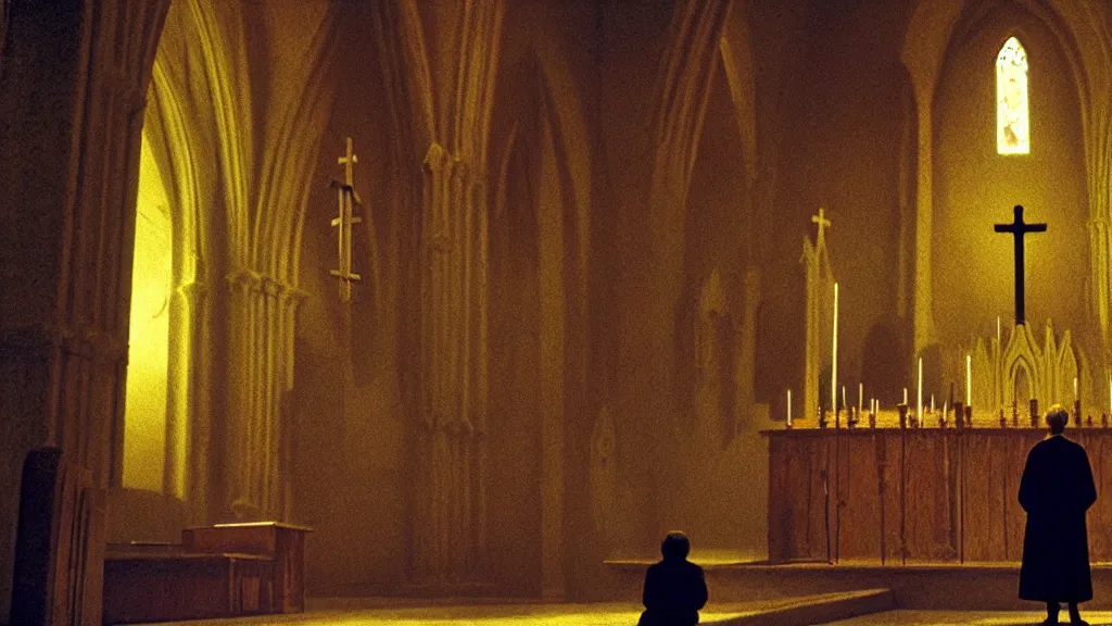 Image similar to church service, film still from the movie directed by denis villeneuve and david cronenberg with art direction by zdzisław beksinski and dr. seuss