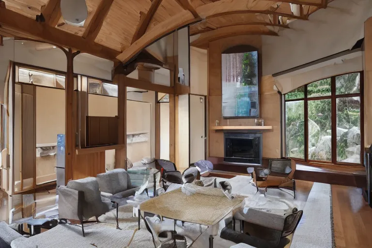 Prompt: modern Japanese living room, arched ceiling, luxurious wooden cottage, traditional, Japanese flower arrangements, high-tech devices, traditional fireplace, real estate photography