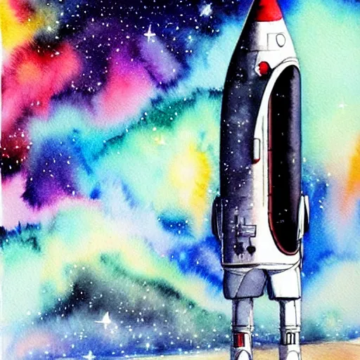 Prompt: awe-inspiring painting of a rocketship launching, a beautiful young woman clings to it tightly, galaxies and stars in the background, realistic anime abstract watercolor art by Hayao Miyazaki