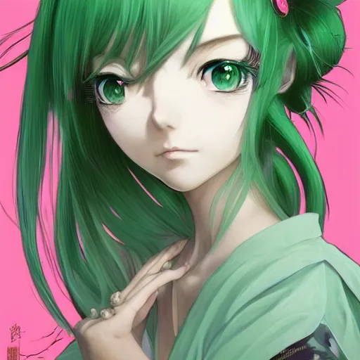 Image similar to adult girl with long light green hair, light green eyes, a small pigtail on the left side, chinese dress, anime style, hyper detailed, illustration, digital painting, art by artgerm and greg rutkowski and alphonse mucha, high delicate defined details, anime stylized, highly detailed, realistic, sharp focus