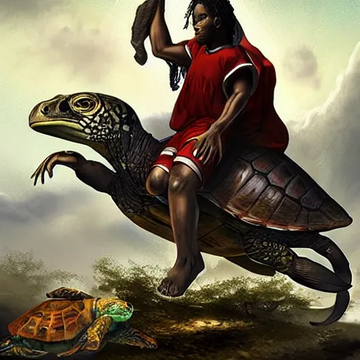 Prompt: kobe byrant riding on a turtle in heaven, amazing digital art, amazing detail, fantasy art, artstatiom, cgsociety, epic art