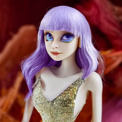 Image similar to Conchur Mac Greagoir with silver-violet hair, white eyes and golden glittery dress, wide lens, diorama, 4k,