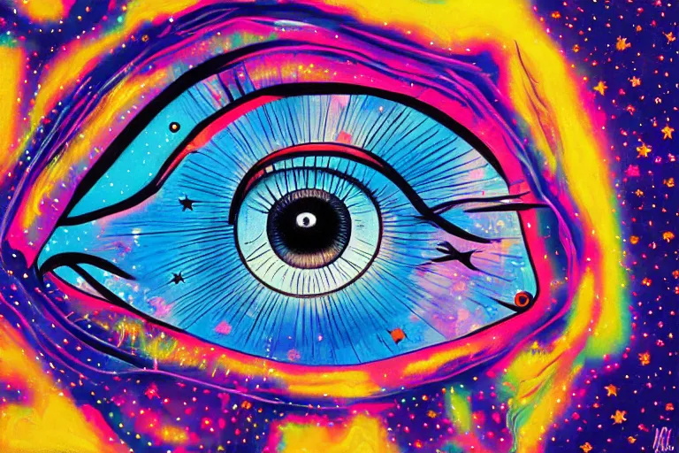 Image similar to an eye with stars and clouds, a pop art painting by martine johanna, behance contest winner, psychedelic art,