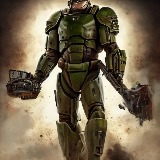 Image similar to Alan Ritchson as doomguy, artstation hall of fame gallery, editors choice, #1 digital painting of all time, most beautiful image ever created, emotionally evocative, greatest art ever made, lifetime achievement magnum opus masterpiece, the most amazing breathtaking image with the deepest message ever painted, a thing of beauty beyond imagination or words, 4k, highly detailed, cinematic lighting