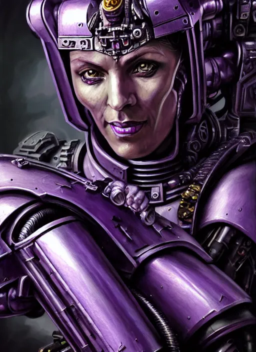 Prompt: extreme close up, portrait of a woman in purple sci - fi armor, bionic arm, intricate, warhammer, warhammer 4 0 k, highly detailed, digital painting, concept art, sharp focus, illustration, muted colors, grim dark, moody, gloomy, art by john blanche, by pedro nunez, by jaime martinez, by nacho molina