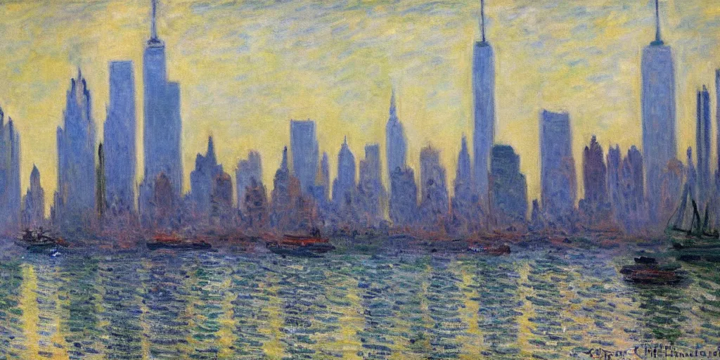 Image similar to an oil painting of the New York city by Oscar-Claude Monet