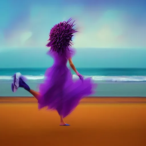 Image similar to portrait, giant purple dahlia flower head, woman running at the beach, surreal photography, sunrise, blue sky, dramatic light, impressionist painting, digital painting, artstation, simon stalenhag