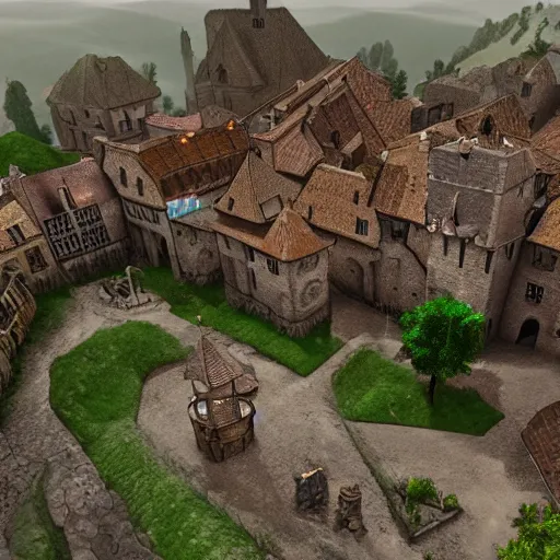 Image similar to medieval village with castle top view, photorealistic, trending on artstation
