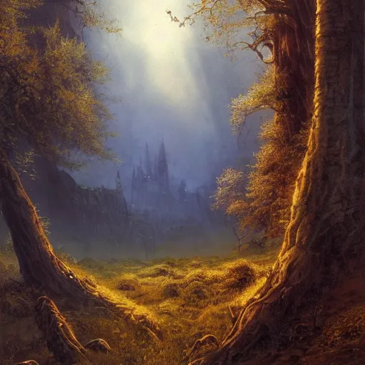 Image similar to fortress in the misty woods, crisp, clear, matte oil painting, darrell k sweet, wallpaper