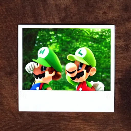 Prompt: mario and luigi eating mushrooms in the forest in a photorealistic style, photo captured on polaroid