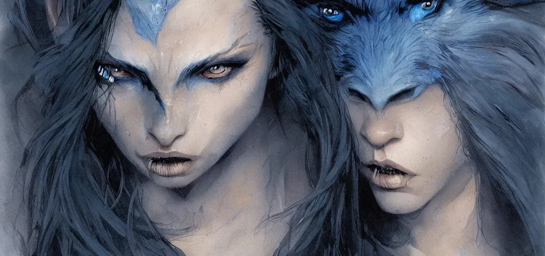 Prompt: A wolf woman beautiful face, blue eyes by Greg Rutkowski and Michael Whelan, very detailed, high quality