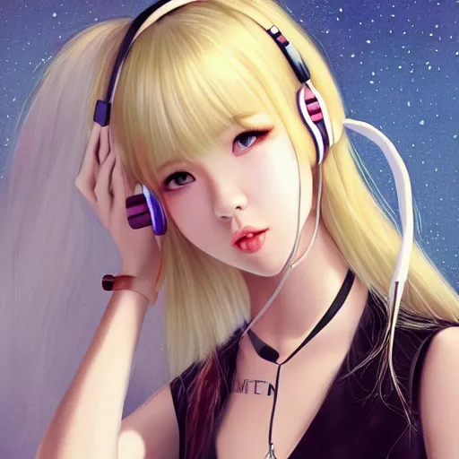 Image similar to realistic beautiful gorgeous natural cute Blackpink Lalisa Manoban blonde hair cute fur blonde cat ears, wearing camisole, wearing headphones, wearing black leather choker artwork drawn full HD 4K highest quality in artstyle by professional artists WLOP, Taejune Kim, Guweiz on Artstation Pixiv