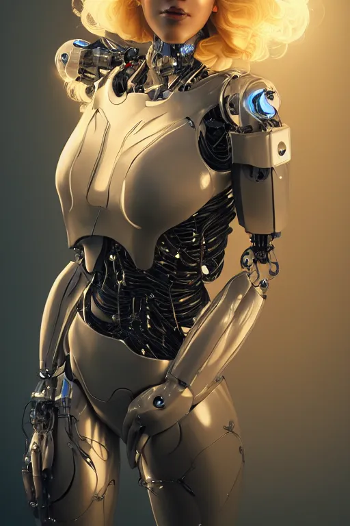 Image similar to a beautiful woman with blonde hair wearing robot suit with wires and light, highly detailed, photorealistic, artstation, smooth