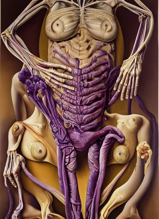 Prompt: a surreal biomorphic, painting of anatomical human figures in a dramatic pose, extra limbs, draped in purple, gold silk, highly detailed, compassionate, emotionally evoking, octane render, centre image, by!!! jenny saville and charlie immer!!!, anatomy by arcimboldo and gunter von hagen