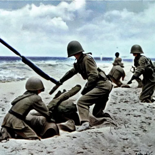 Image similar to ww 2 realistic photo in color beach landing, battle on the beach, blood
