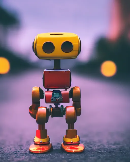 Image similar to high quality presentation photo of a retro toy robot, photography 4k, f1.8 anamorphic, bokeh, 4k, Canon, Nikon