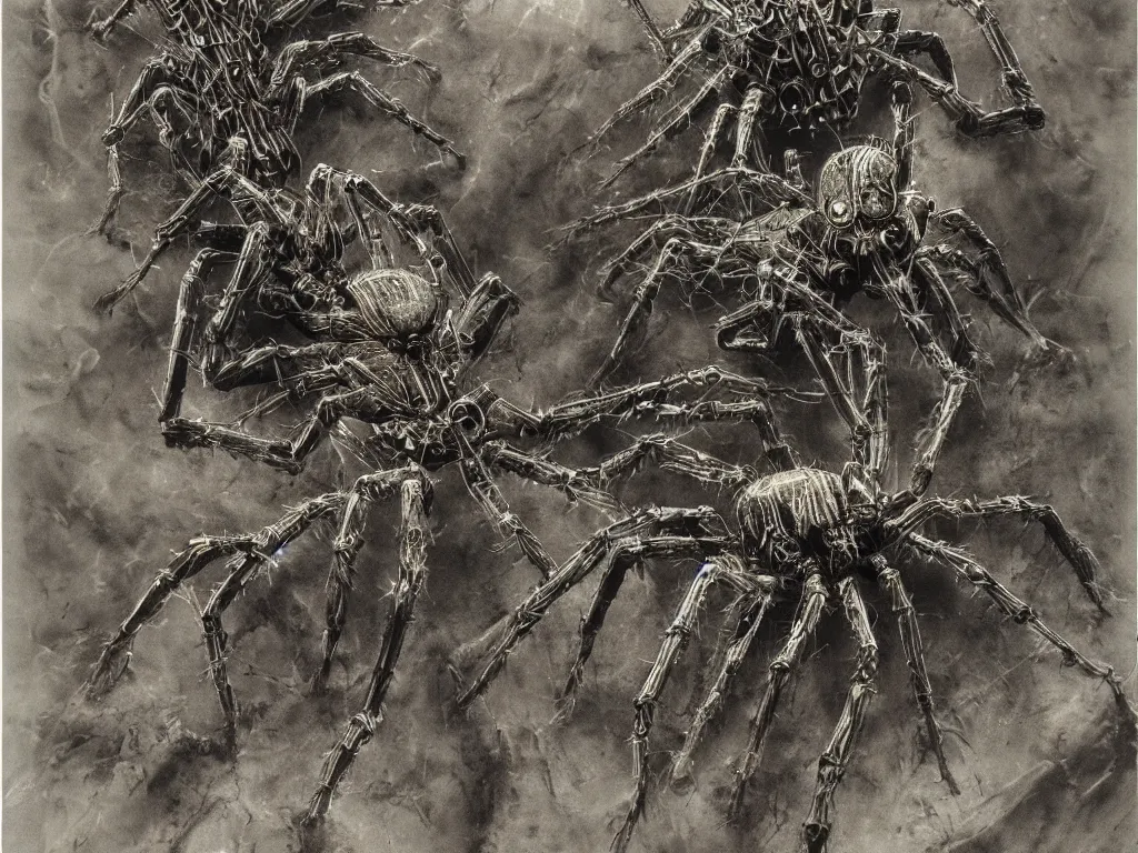 Prompt: 8 0 s polaroid flash photograph of biomechanical spiders, looking at the camera, in magical desert, dark atmosphere, by h. r. giger, zdzislaw beksinski, luis royo, todd mcfarlane. highly detailed 8 k intricate. soft light. nikon