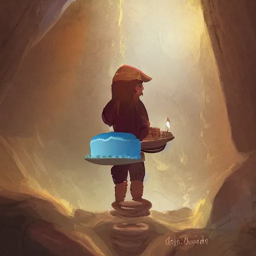 Prompt: an adventurer finding a cake in a dark mysterious cave, digital art