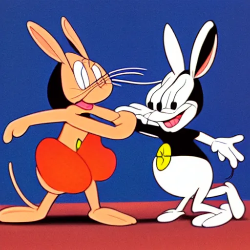 Prompt: bugs bunny and mackey mouse fighting