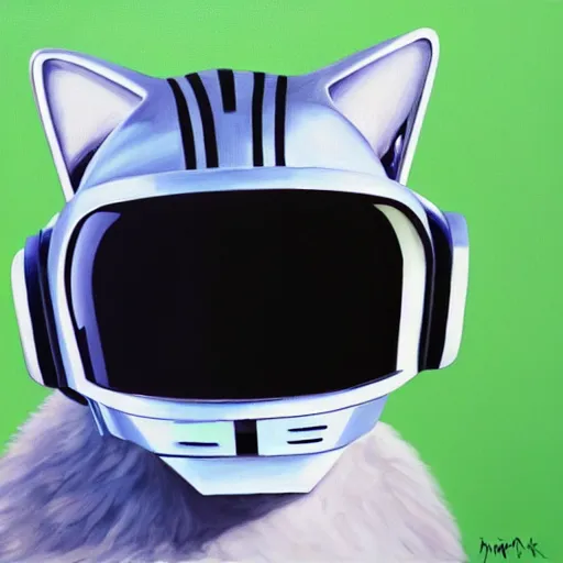Prompt: a high quality painting of a portrait of a cat wearing the Daft Punk helmet and clothing