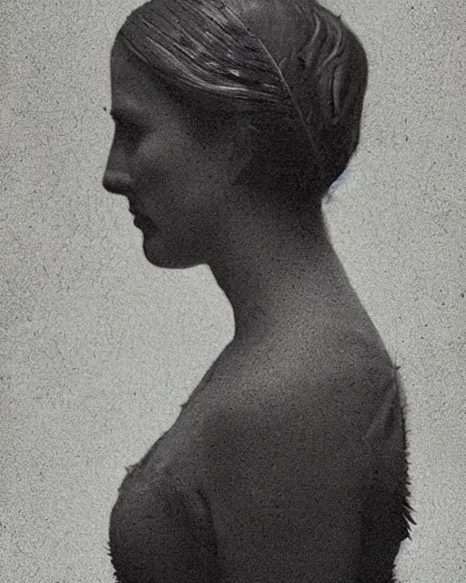 Image similar to a woman's face in profile, made of intricate owl feathers, in the style of the dutch masters and gregory crewdson, dark and moody