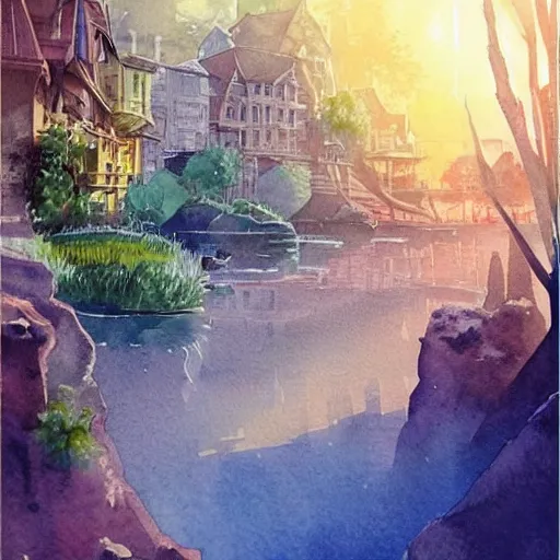 Image similar to Beautiful happy picturesque charming sci-fi town in harmony with nature. Beautiful light. Water and plants. Nice colour scheme, soft warm colour. Beautiful artistic watercolor by Lurid. (2022)