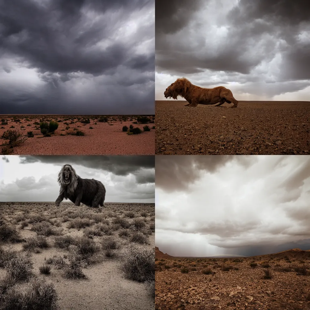 Prompt: Professional Photography Of A Giant Beast In A Desert, 4K, Stormy, Cloudy