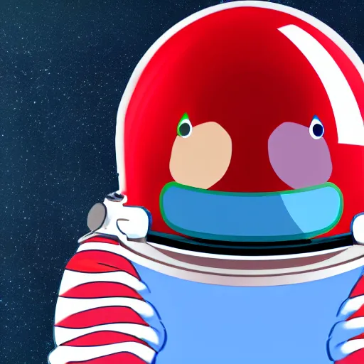 Image similar to 2 d cartoon of a red, short, bean shaped astronaut with no arms and a long blue visor