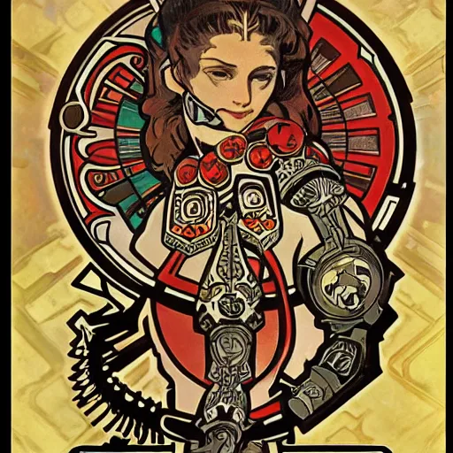 Image similar to aztec power armor, by alphonse mucha