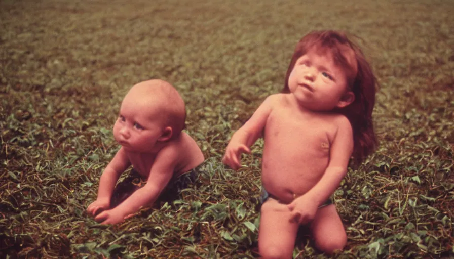 Prompt: 7 0 s film still from a horror movie about evil babies on a farm, kodachrome, cinecolor, cinestill, film grain, film texture, retro, cinematic, high resolution, photorealism,