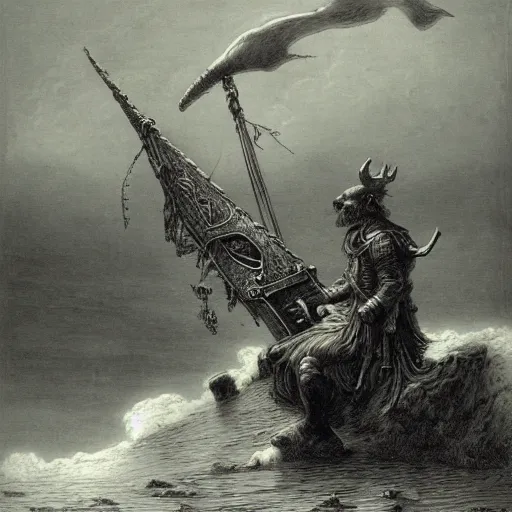 Image similar to anthropomorphic moose barbarian humanoid by gustave dore, pirate ship, sea, fantasy