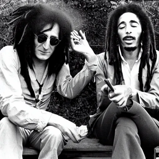 Image similar to john lennon smoking a joint with bob Marley, photograph by Willy Spiller, 1970s