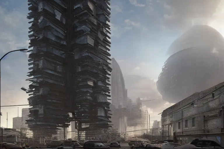 Image similar to streetscape, a towering cathedral of brutalist architecture, buildings covered with greebles, stunning volumetric light, sunset, metal, concrete and translucent material, stunning skies, majestic landscape, trending on Artstation, 8k, photorealistic, hyper detailed, unreal engine 5, IMAX quality, cinematic, epic lighting, in the style of Greg Rutkowski