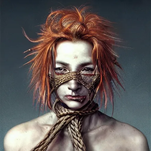 Image similar to portrait of a Shibari rope wrapped face and neck, headshot, insanely nice professional hair style, dramatic hair color, digital painting, of a old 15th century, old cyborg merchant, amber jewels, baroque, ornate clothing, scifi, realistic, hyperdetailed, chiaroscuro, concept art, art by Franz Hals and Jon Foster and Ayami Kojima and Amano and Karol Bak,