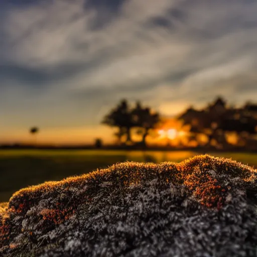 Prompt: a landscape through a macro lens, f1.4, sunrise