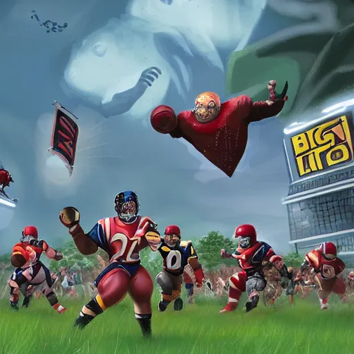 Prompt: high quality digital art of blood bowl teams fighting on a pitch, surrounded by crowds, good weather, referee blowing a whistle