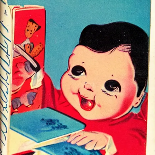 Image similar to 1950's cookbook color illustration baby cake adorable cartoon face sharp detail high detail